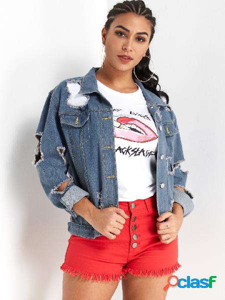 Blue Ripped Hollow Out Denim Street Coat
