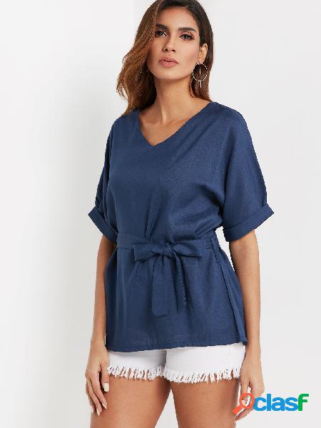 Blue V-neck Half Sleeves Belt Blouse