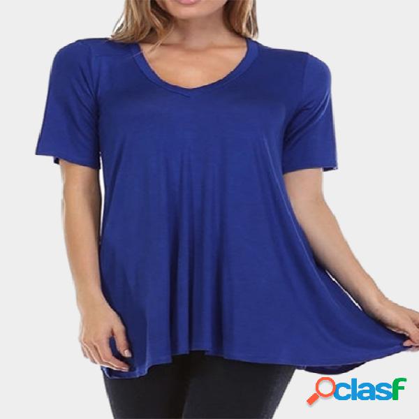 Blue V-neck Short Sleeveless Irregular Hem T-shirt