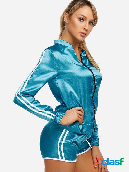 Blue Zip Design Stripe V-neck Long Sleeves Tracksuit