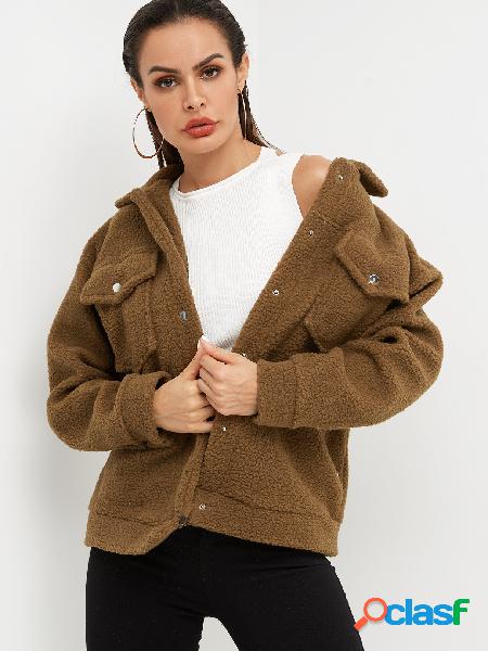 Brown Lapel Collar Side Pockets Sherpa Fleece Coat