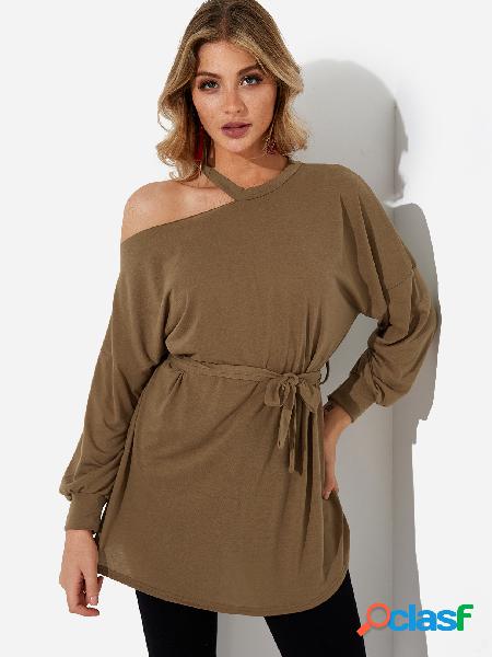 Brown Self-tie Design One Shoulder Long Sleeves T-shirts
