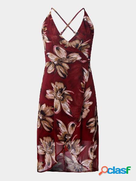 Burgundy Random Floral Print Backless V-neck Irregular Hem