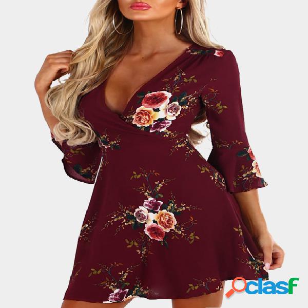 Burgundy Random Floral Print Crossed Collar Bell Sleeves