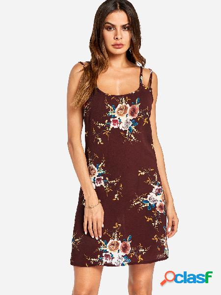 Burgundy Random Floral Print Elastic Strap Cami Dress