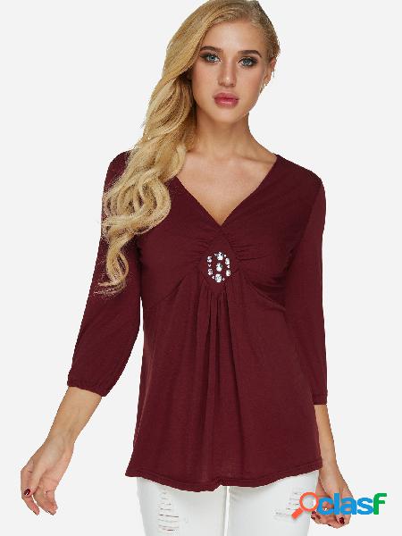 Burgundy Sequins Embellished Plain V-neck Long Sleeves