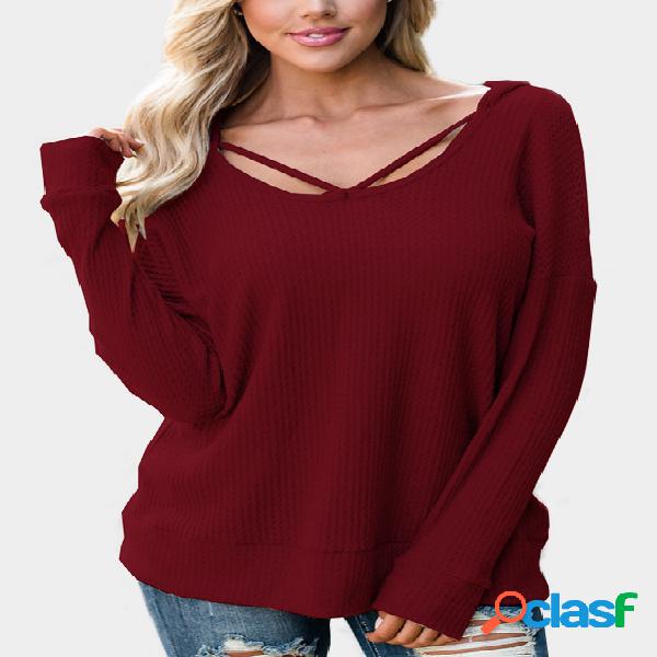 Burgundy V-neck Long Sleeves Hooded Sweatshirt