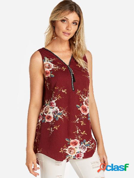 Burgundy Zip Design Floral Print V-neck Vest