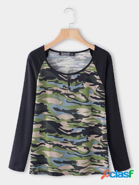 Camouflage Cut Out Round Neck Long Sleeves T-shirt