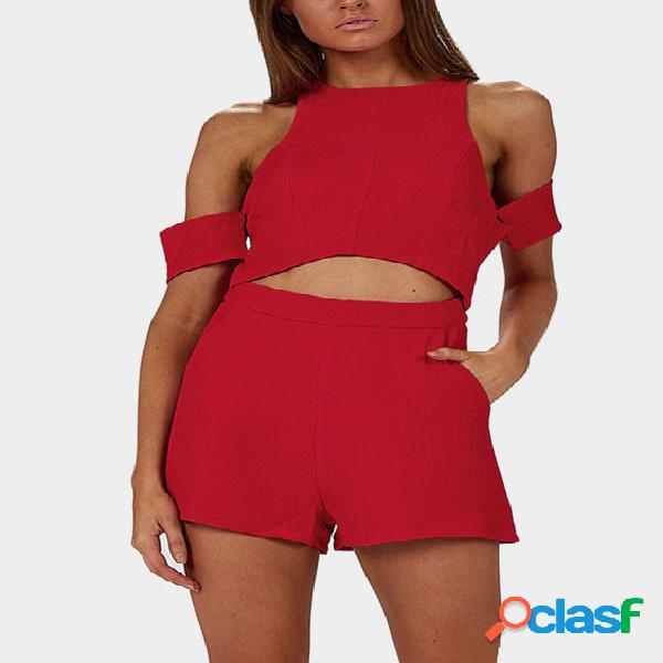Cold Shoulder Cutout Playsuit in Red