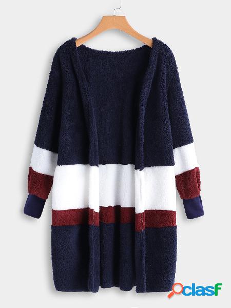 Dark Blue Color Block Long Sleeves Fluffy Faux Fur Cardigan
