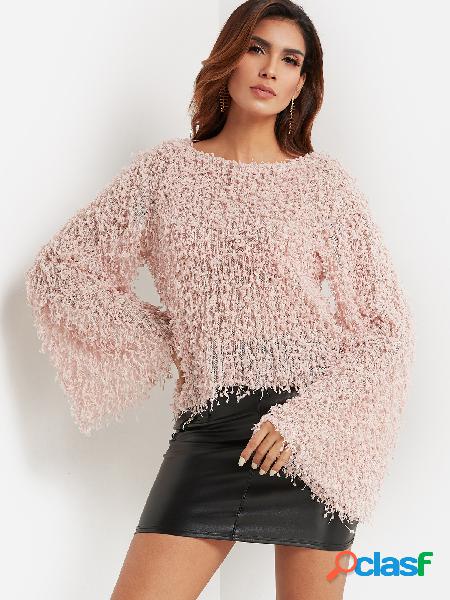 Dust Pink Crew Neck Bell Sleeve Paneled Stylish Sherpa