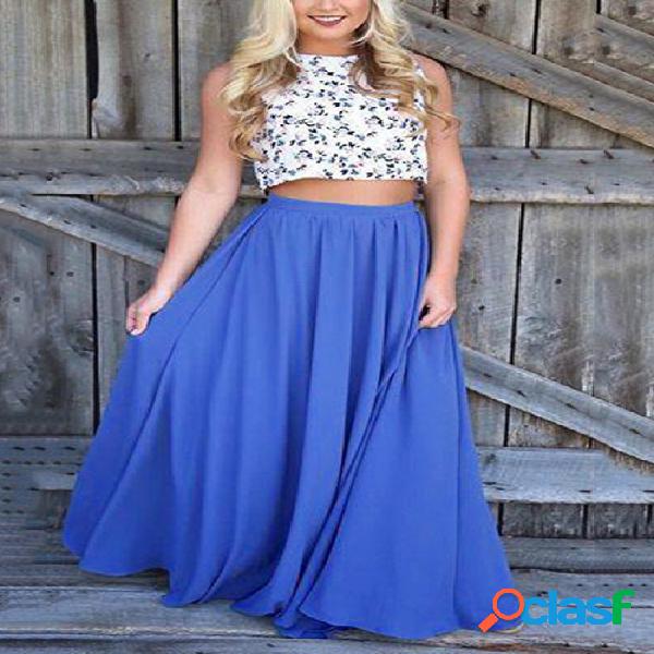 Elastic High-rise Floor Length Skirts in Blue