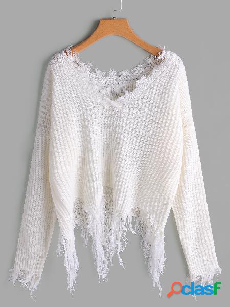 Fashion White Random Ripped Details V-neck Long Sleeves