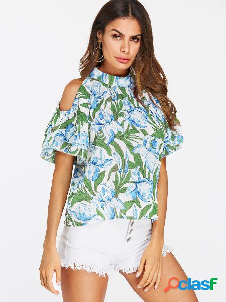 Floral Print Button Keyhole Design Cold Shoulder Ruffle