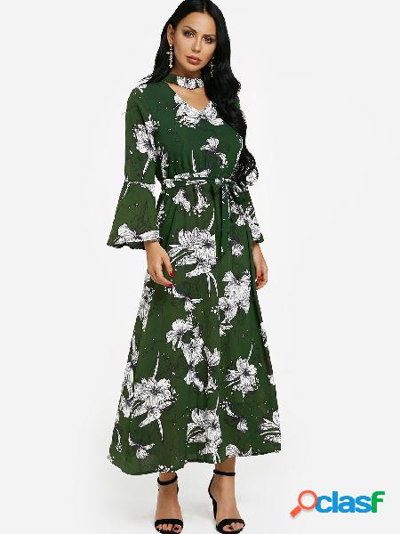 Green Choker Neck Bell Sleeves Self Tie Waist Floral Maxi