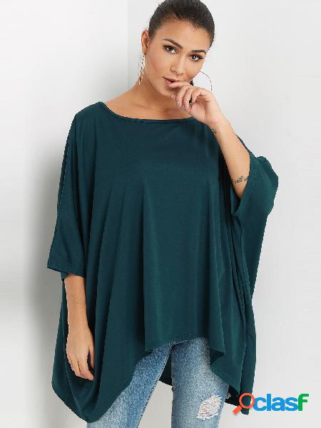 Green Crew Neck Bat Sleeves High-Low Hem Tee