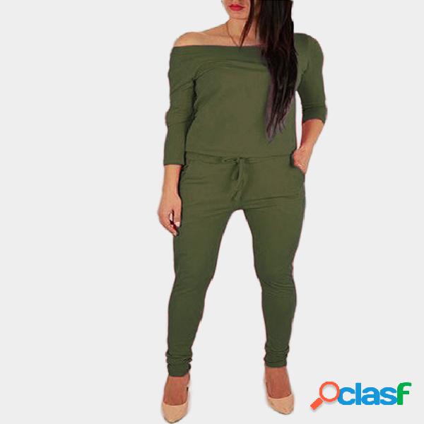 Green Off The Shoulder Long Sleeves Drawstring Waist