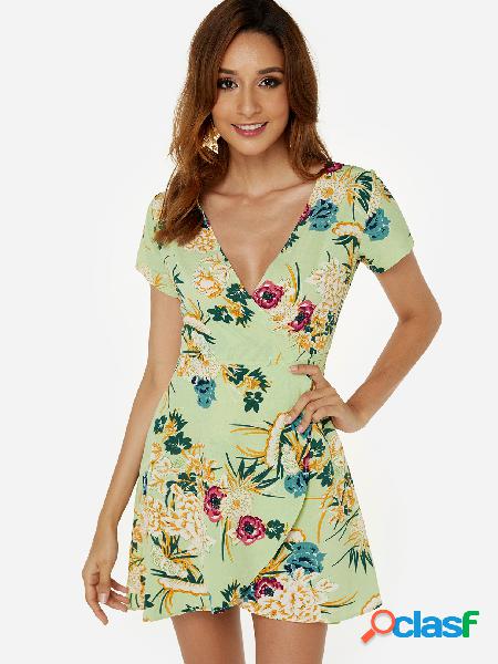Green Wrap Design Random Floral Print V-neck Short Sleeves