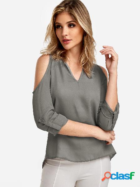 Grey Cold Shoulder Long Sleeves Blouse With Adjustable