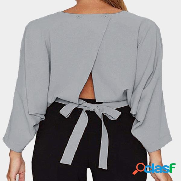 Grey Crew Neck Bat Sleeves Slit Back Blouse