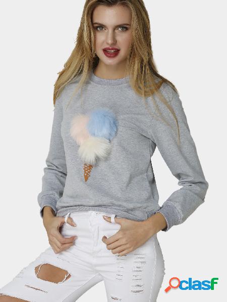 Grey Fashion Round Neck Long Sleeves Pom Pom Details