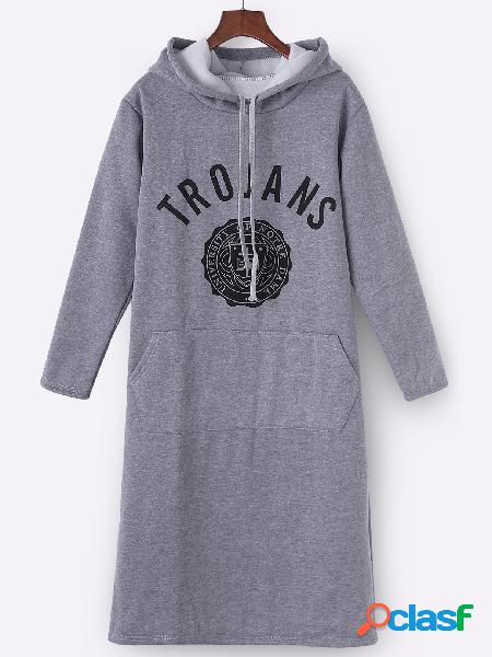 Grey Hooded Design Printed Front Pocket Sweatshirt Dress