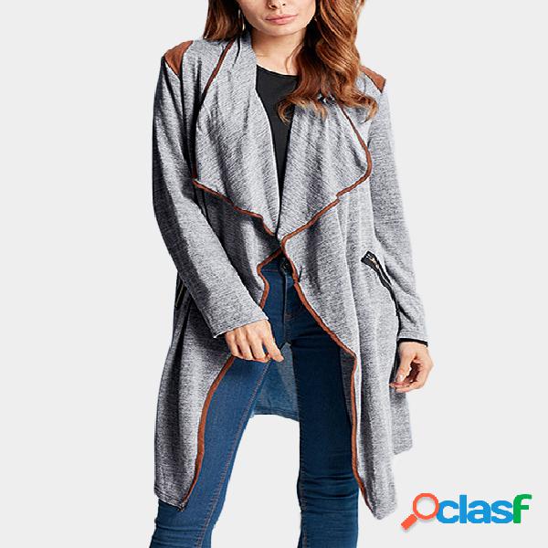 Grey Zip Pockets Lapel Collar Cardigan