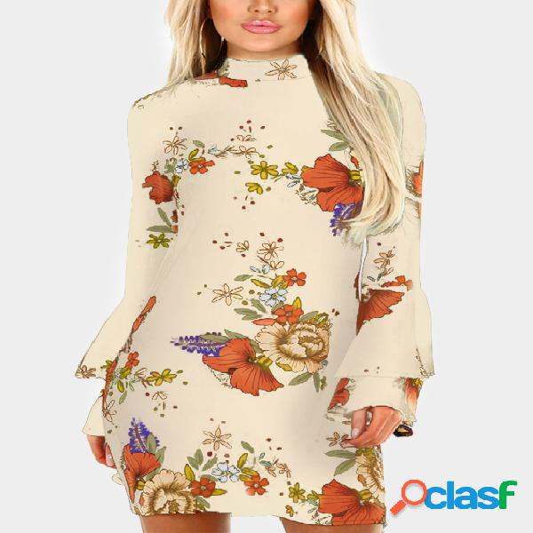 Khaki Random Floral Print Perkins Collar Flared Sleeves