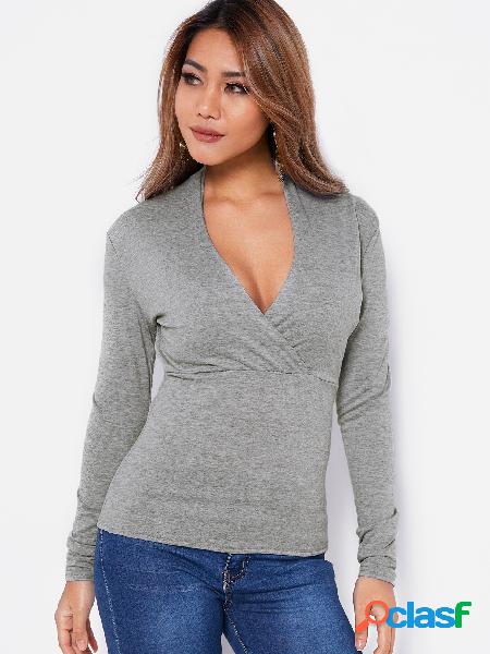 Light Grey V-neck Long Sleeves Cross Over T-shirt