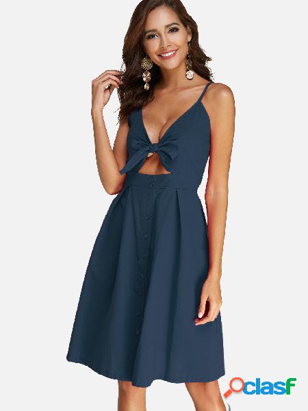 Navy Bowknot Cut-out Design V-neck Sleeveless Dress