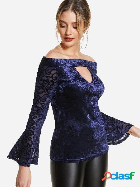 Navy Off Shoulder Cut Out Bell Sleeves Elastic Top