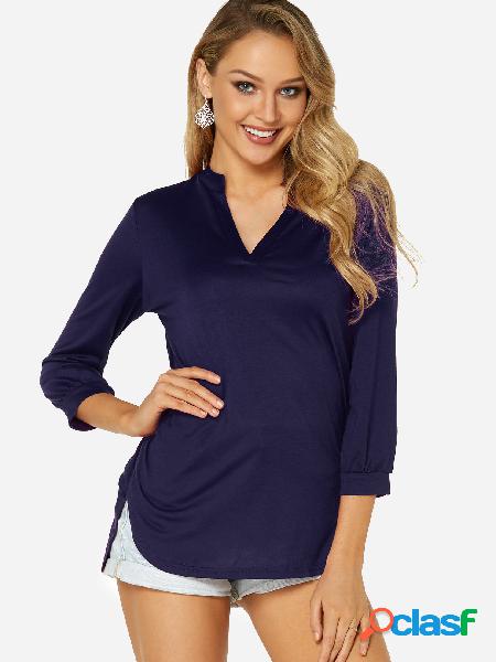 Navy Plain V-neck 3/4 Length Sleeves Curve Hem T-shirts