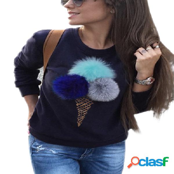 Navy Round Neck Sweatshirt with Pom Pom Details