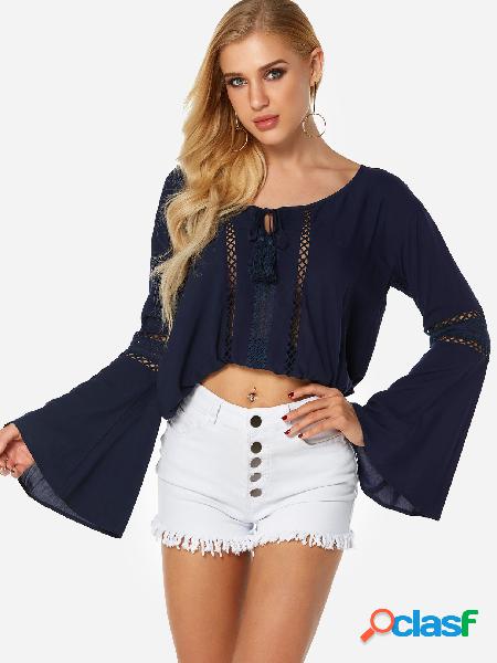 Navy Self-tie Hollow Design Round Neck Long Bell Sleeves