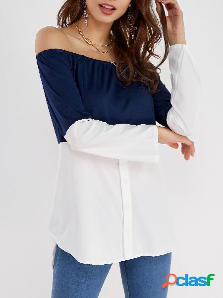 Navy & White Off Shoulder Long Sleeves T-shirt