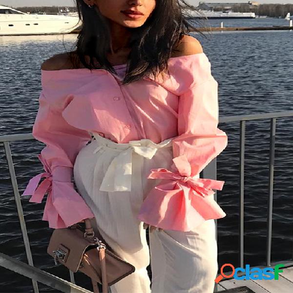 Pink Bowknot Design Bateau Flared Sleeves Blouses