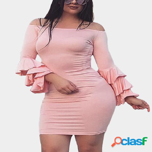 Pink Off Shoulder Bell Ruffle Sleeves Mini Dress