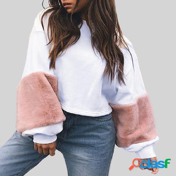 Pink Round Neck Plush Sleeves Loose Color Block Sweatshirt