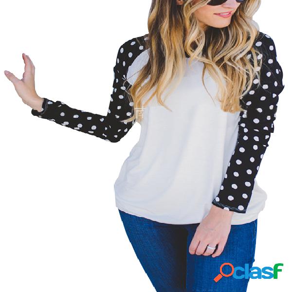 Polka Dot Print Round Neck Raglan Long Sleeve Top