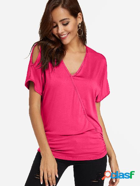 Red Crossed Front Design V-neck Cold Shoulder Short Sleeves