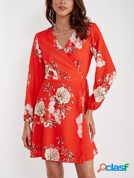 Red Random Floral Print V Neck Mini Wrap Dress