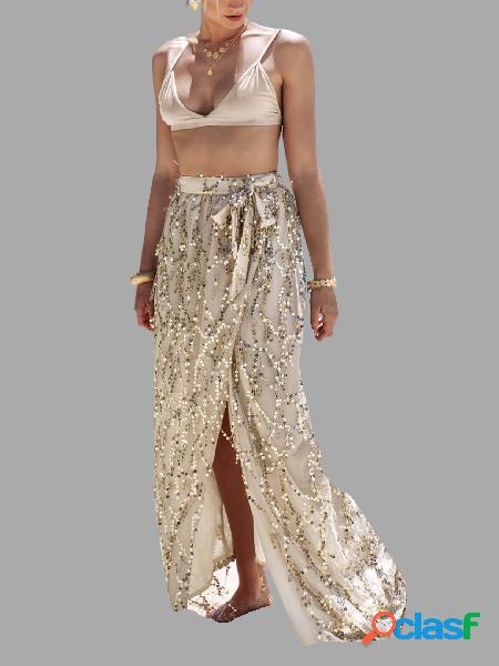 Sequins Tassel Split Hem Skirt with Mesh Details