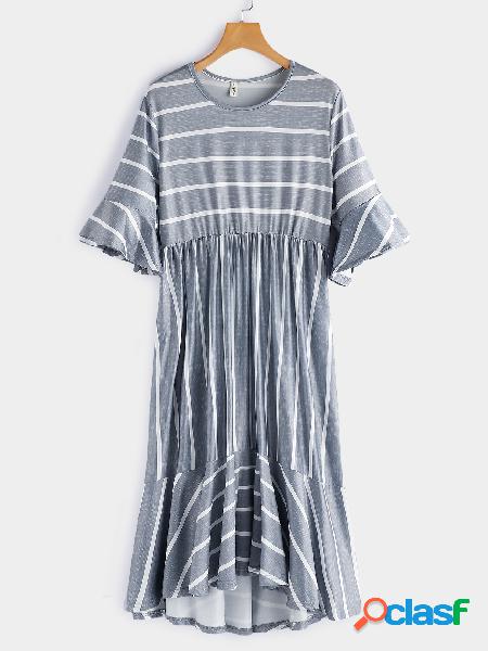 Stripe Round Neck Short Sleeves Flounced Hem Dress