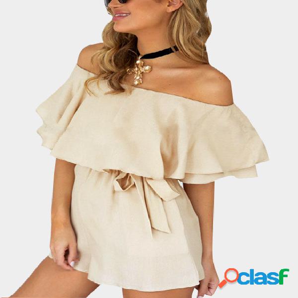 Sweet Off The Shoulder Playsuit in Beige