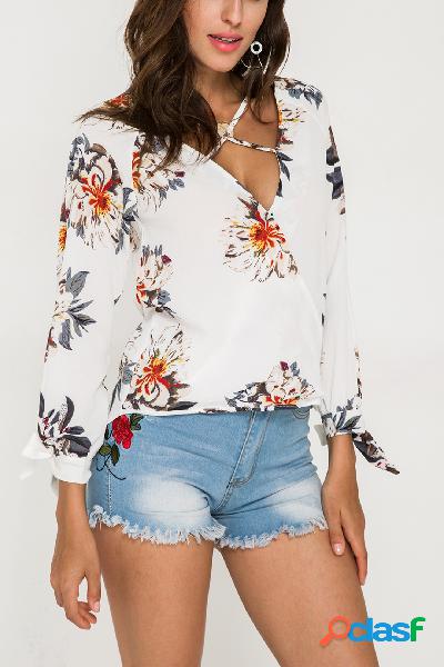 White Crossed Front Design Random Floral Print V-neck Long