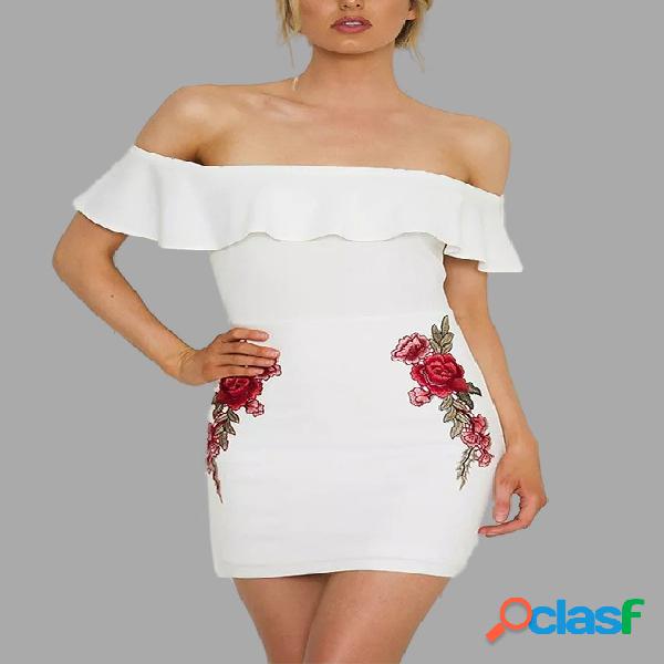 White Fashion Off Shoulder Random Rose Embroidery Pattern