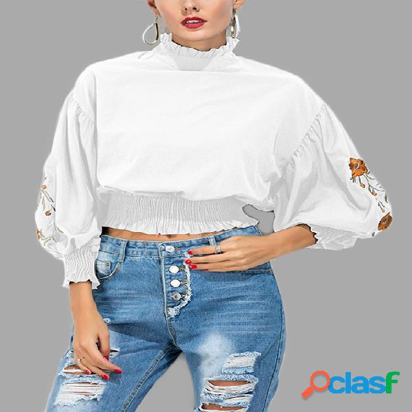 White Flower Embroidery Elastic Waist High Neck Crop Top