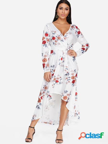 White Random Floral Print Deep V Neck Long Sleeves Self-tie