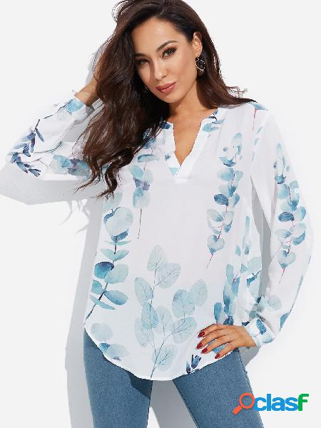 White Random Floral Print V-neck Long Sleeves Casual Blouse